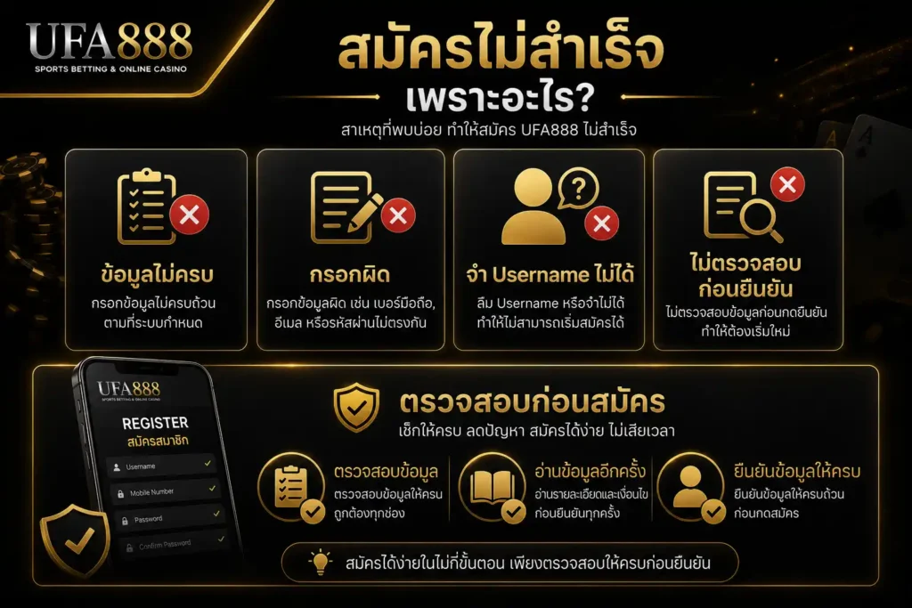สาเหตุที่ทำให้สมัคร UFA888 ไม่สำเร็จ พร้อมวิธีตรวจสอบก่อนสมัคร