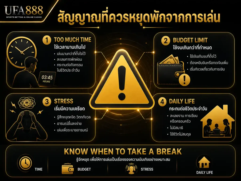 สัญญาณที่ควรหยุดพักจากการเล่น เช่น ใช้เวลานานเกินไป ใช้งบเกิน และเริ่มมีความเครียด